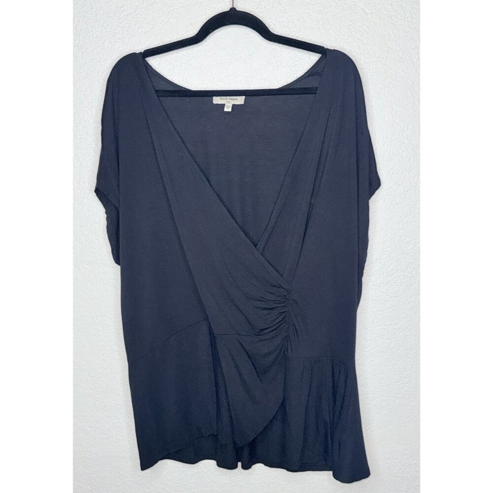 Haute Hippie Women's Tribe Short Sleeve Top Black 1X Plus Size Blouse Sexy F1